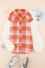 Red Sherpa Sleeve Plaid Print Shacket