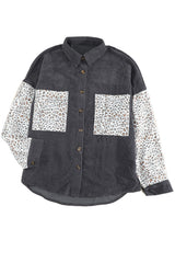 Gray Leopard Patchwork Corduroy Buttoned Shirt Jacket