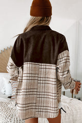 Brown Plaid Patchwork Button-up Shift Shirt Jacket