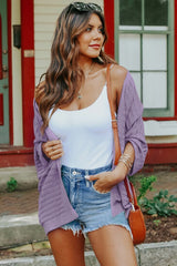 Purple Ribbed Open Front Knit Cardigan