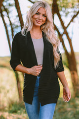 Black Ribbed Open Front Knit Cardigan