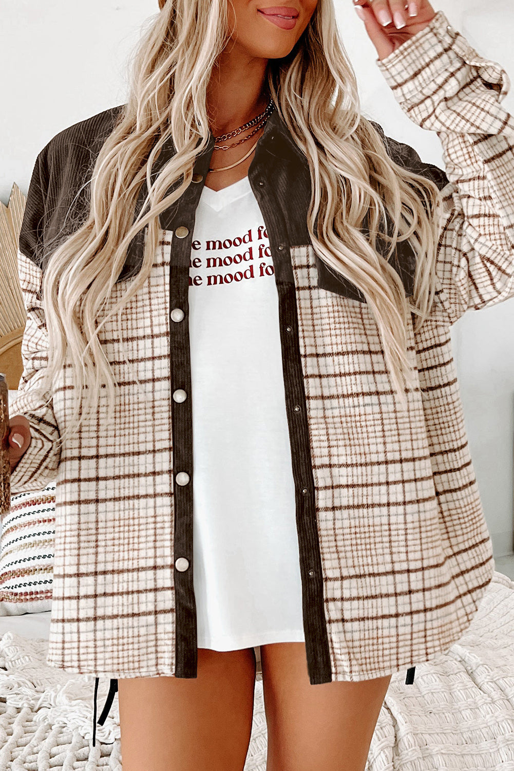 Brown Plaid Patchwork Button-up Shift Shirt Jacket