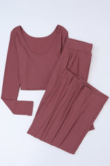 Solid Color Ribbed Crop Top Long Pants Set